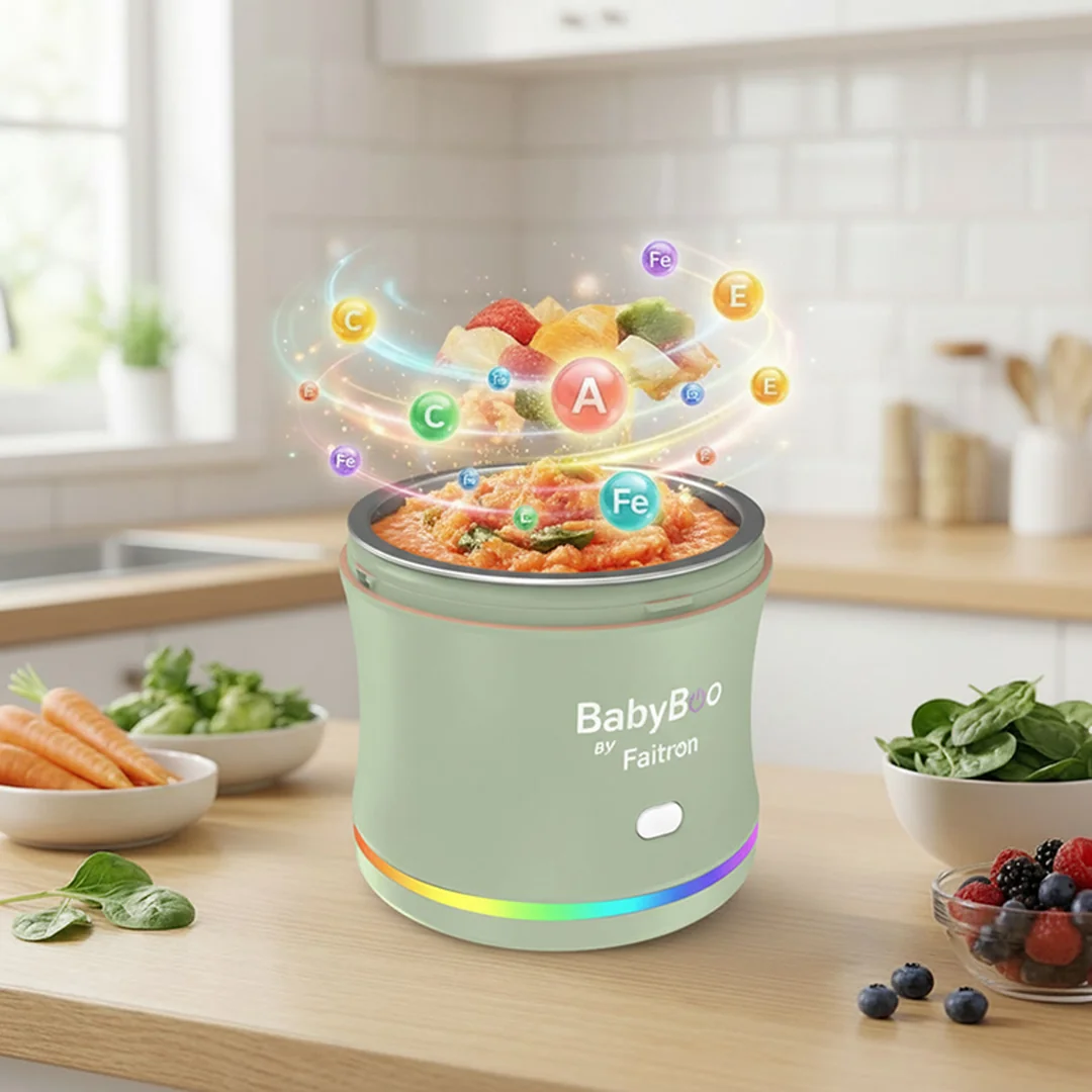The sage-green BabyBoo Food Warmer with rainbow LED ring on a bright kitchen counter, filled with a warm vegetable purée, with illustrated vitamin and mineral icons (C, A, E, Fe) glowing above the food — visualising preserved nutrients — surrounded by fresh carrots, spinach, and berries