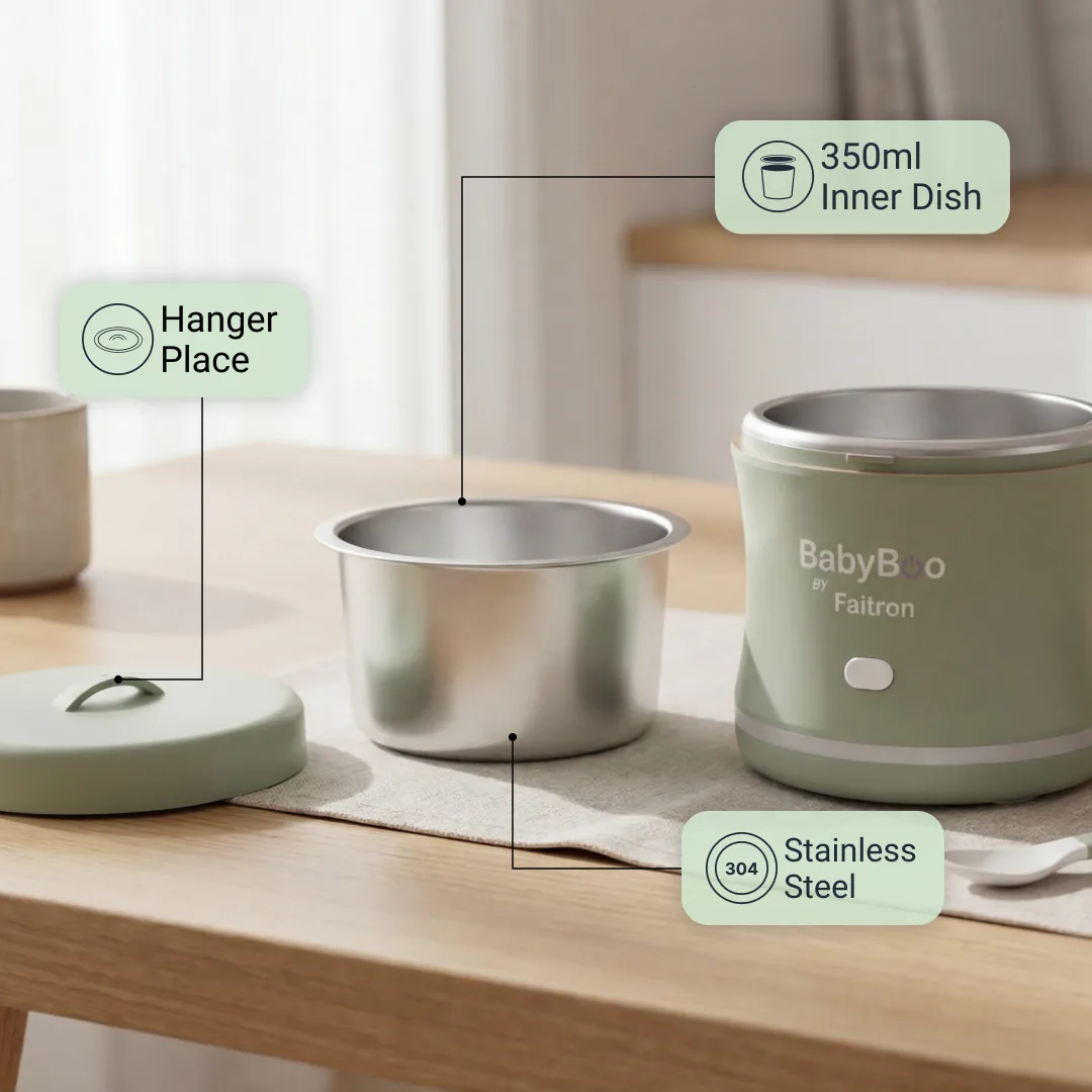 Close-up of the BabyBoo Food Warmer with its 304 stainless steel inner dish lifted out and placed beside it, with callouts highlighting the 350 ml inner dish, the hanger place on the lid, and the food-grade stainless steel construction