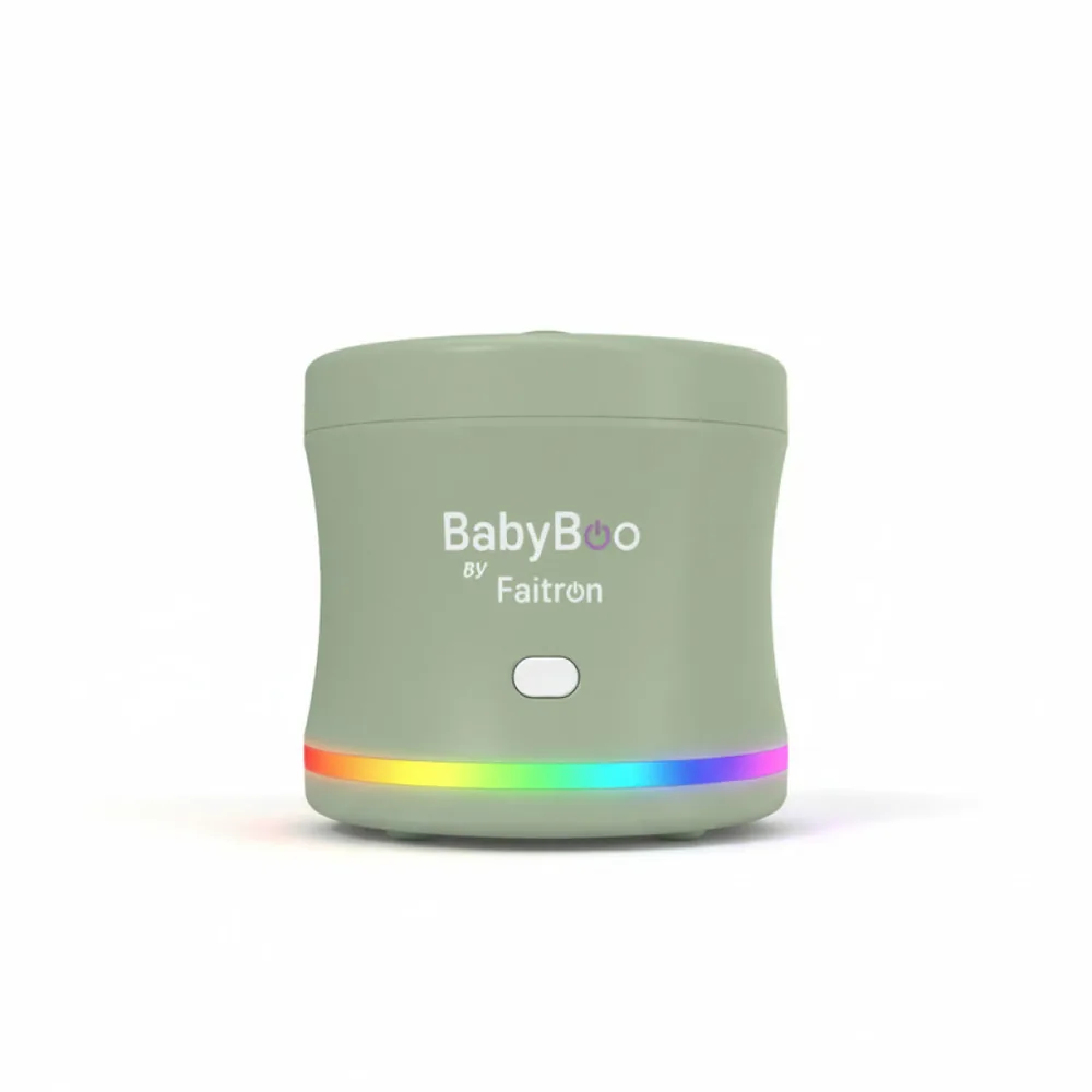 BabyBoo Food Warmer in sage green with rainbow LED ring on a white background